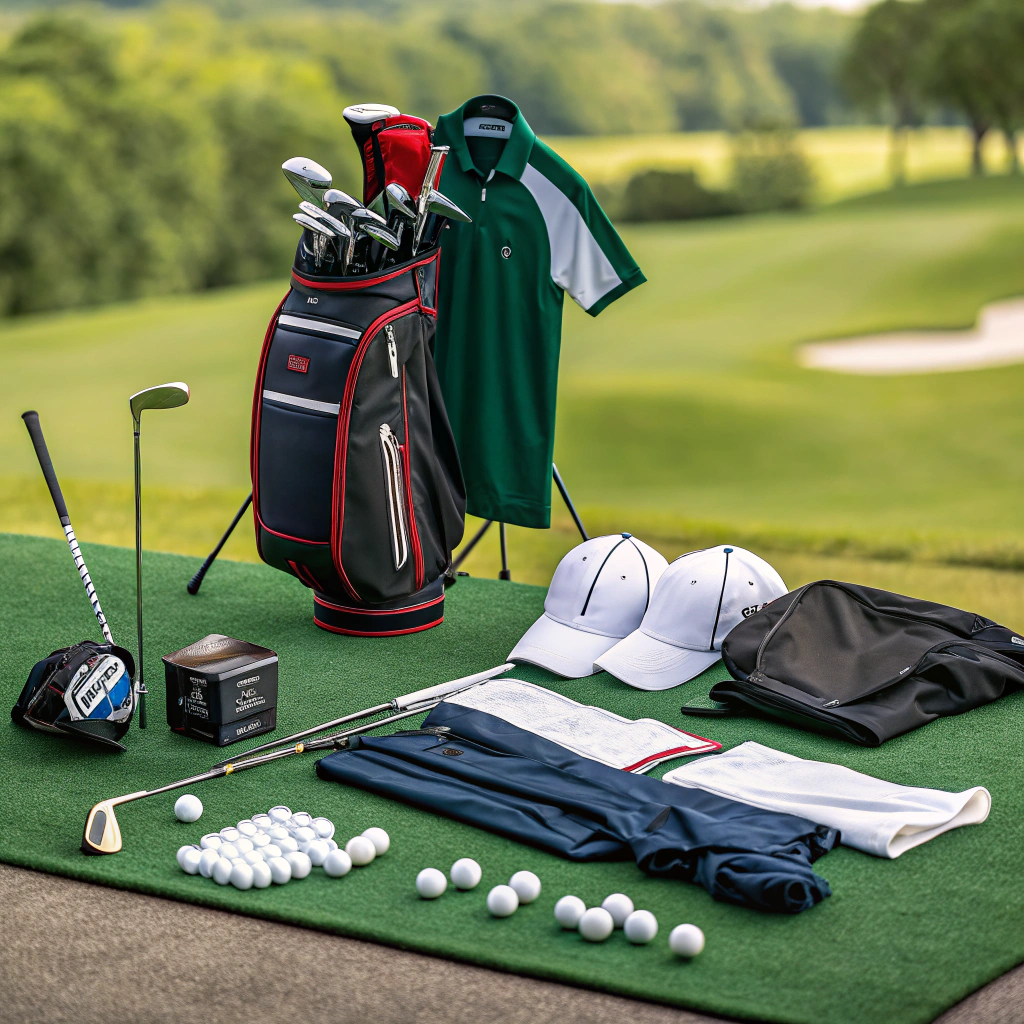 Create an image showcasing a variety of golf equipment and apparel, emphasizing the products as the focal point. The composition should evoke a vibrant and inviting atmosphere that complements the theme of a specialized golf shopping website, without any people featured in the scene.
Do not include any text, writing, numbers, letters, symbols, logos, or anything that looks like text. The image must be completely free of typographic elements or text-like decorations.